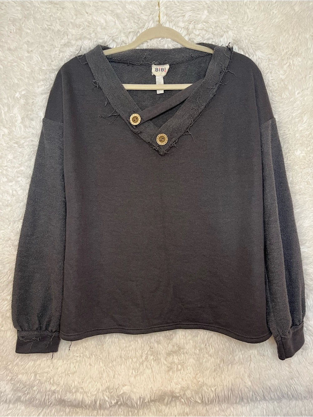 BiBi Distressed Raw Hem Crossover Button V-Neck Sweatshirt Gray Medium